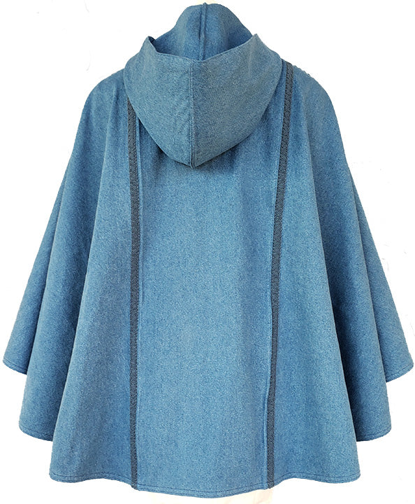 A digital PDF sewing pattern for hooded cape.  The garment is the back view of a blue hooded cape.