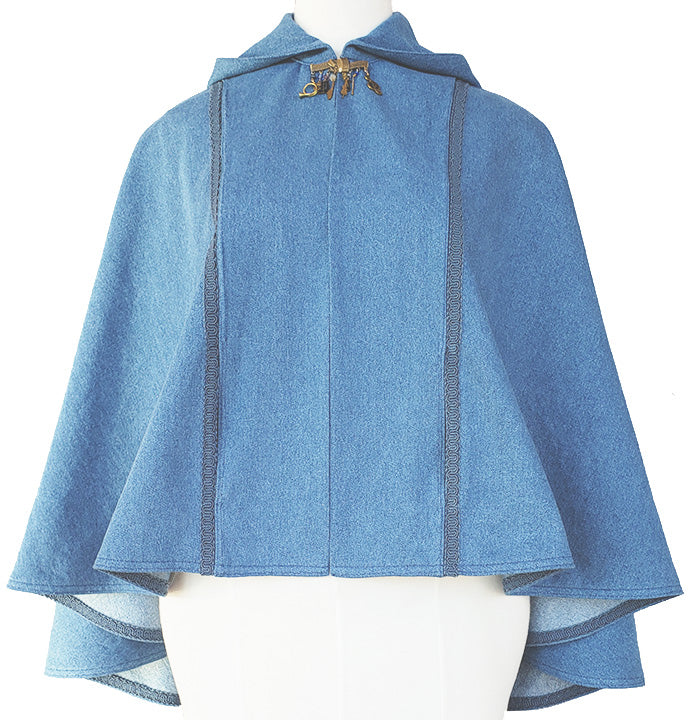 A digital PDF sewing pattern for hooded cape.  The garment is light blue displayed on a mannequin.